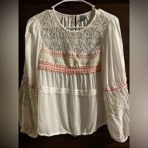 Blank London Boho Lace Embroidered Peasant Blouse | Cream Pink | Small